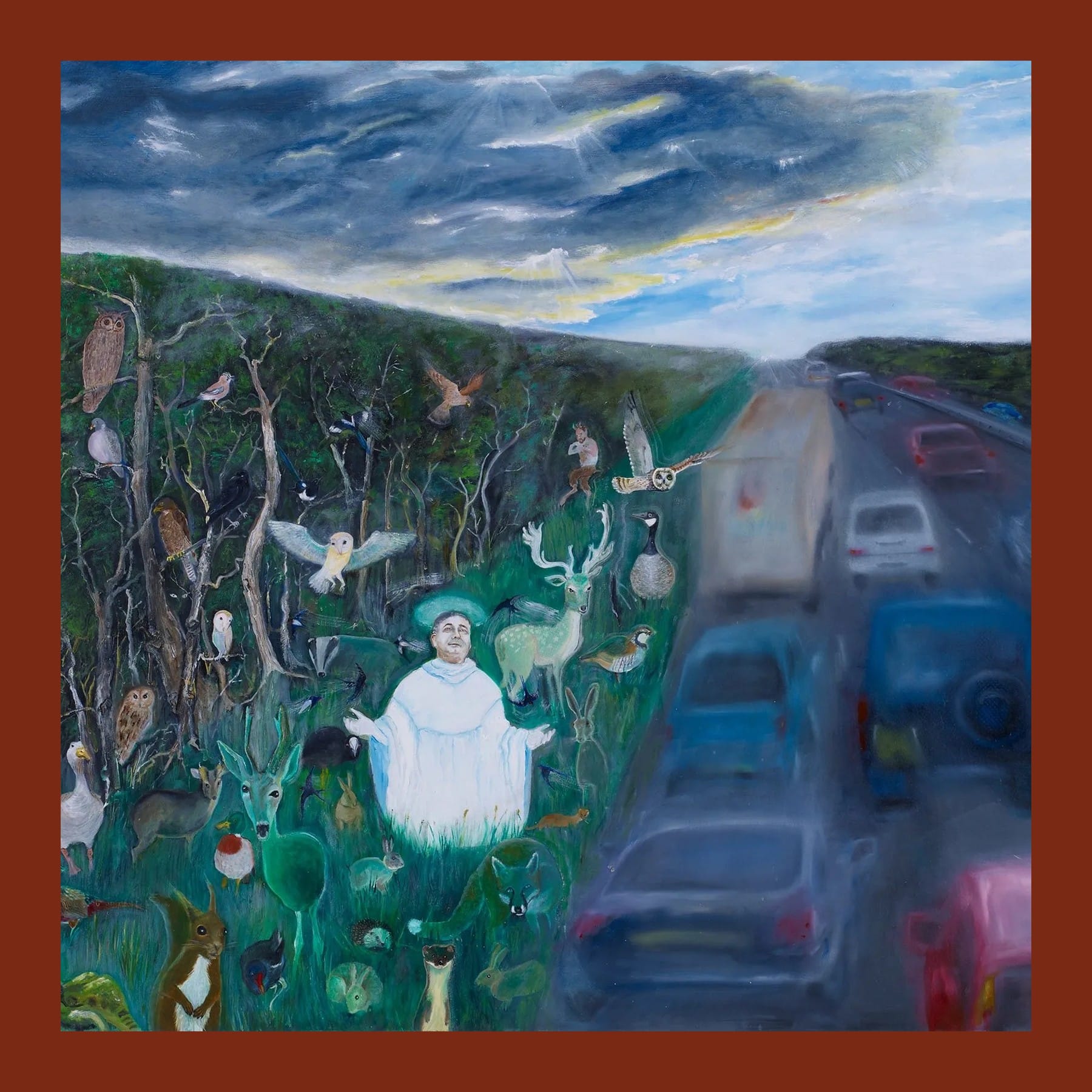 David Harrison painting of a saint in white robes surrounded by owls, deer and woodland animals beside a busy motorway