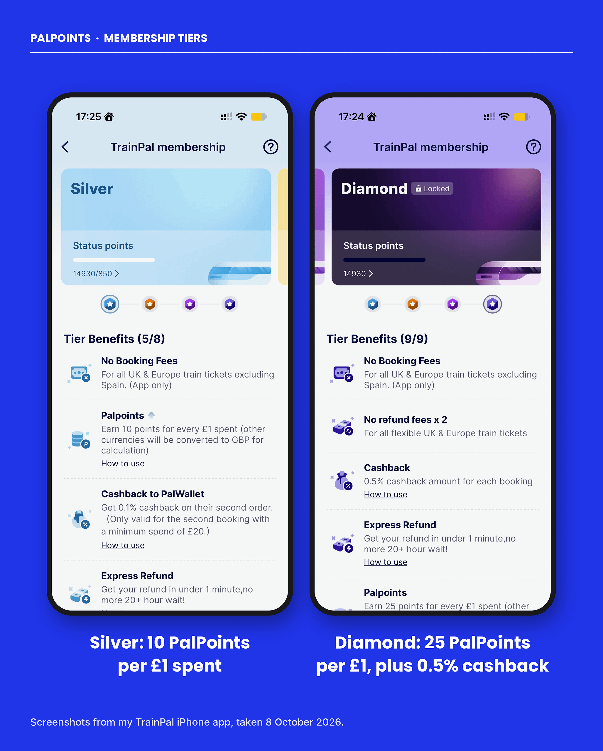 Two TrainPal membership screens: Silver earns 10 PalPoints per £1 and Diamond earns 25 PalPoints per £1 plus 0.5% cashback