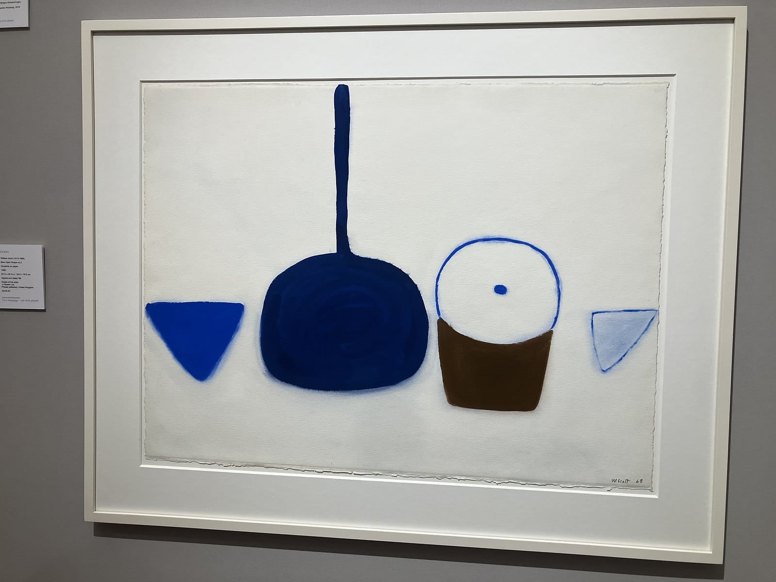 William Scott gouache of a deep blue pan, a bowl and two triangles on white paper