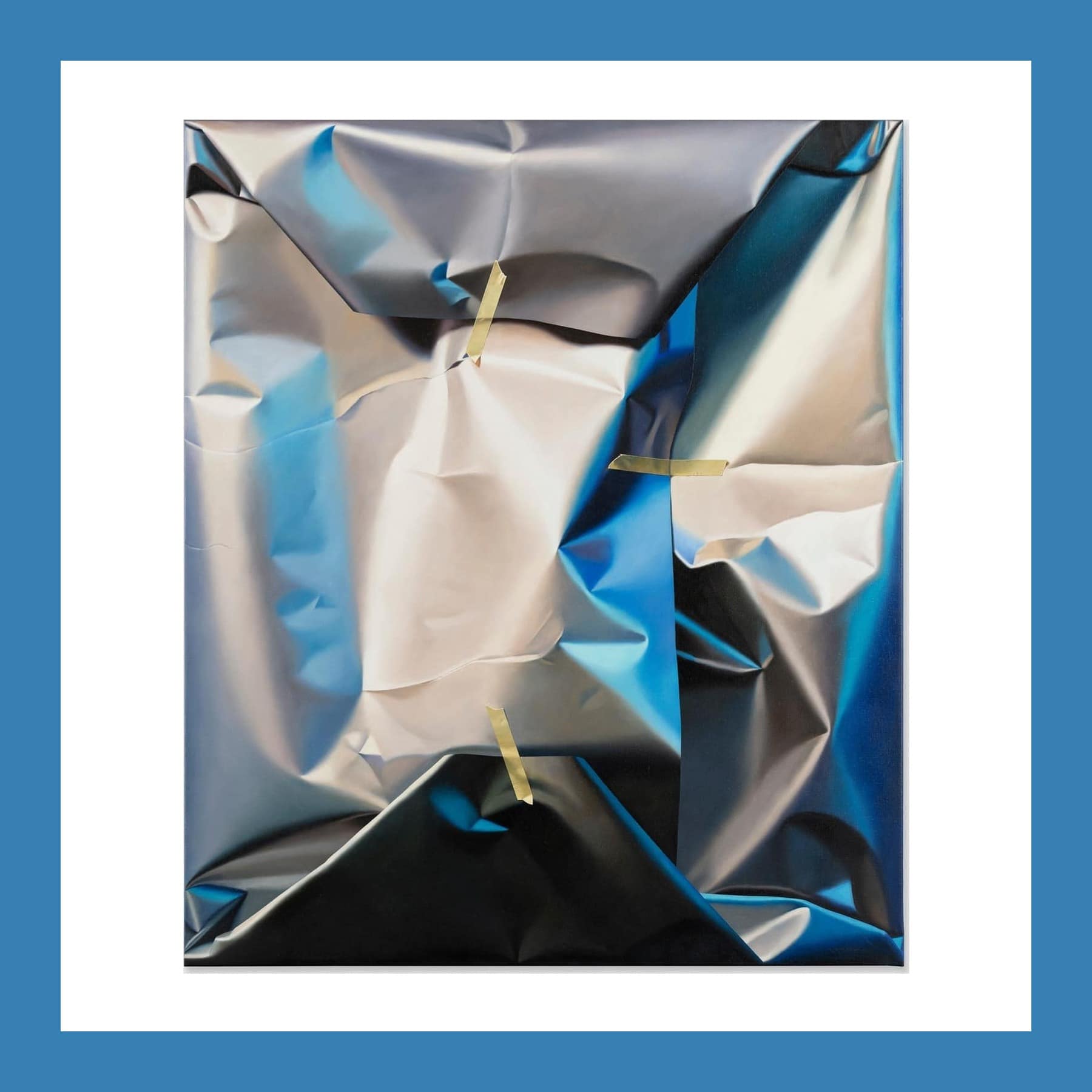 Hyperreal painting of crumpled shiny blue and silver paper held with strips of tape