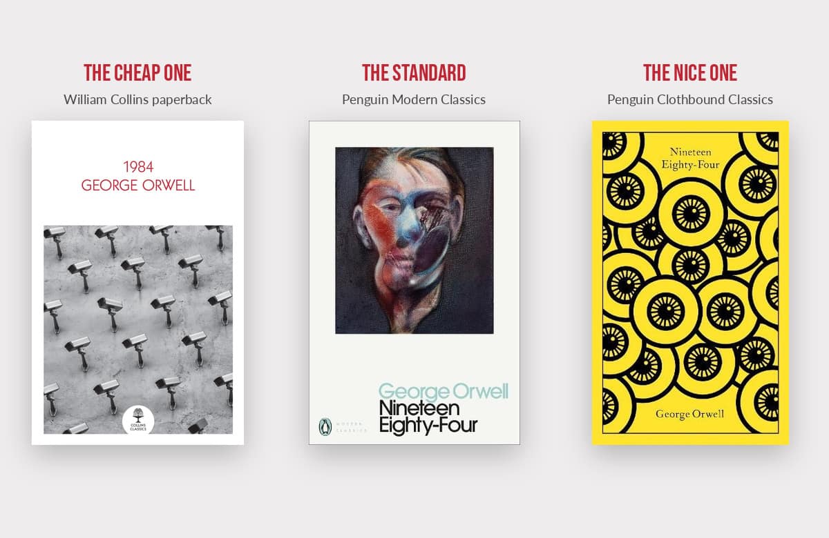 Three UK editions of Nineteen Eighty-Four side by side: William Collins paperback, Penguin Modern Classics and Penguin Clothbound hardback