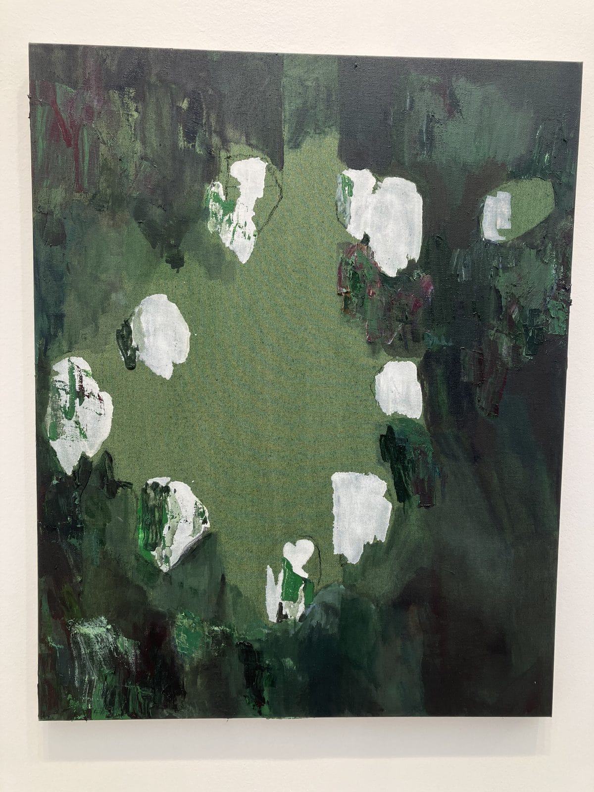 Francesca Mollett Not Roses, white blooms on a dark green painted field