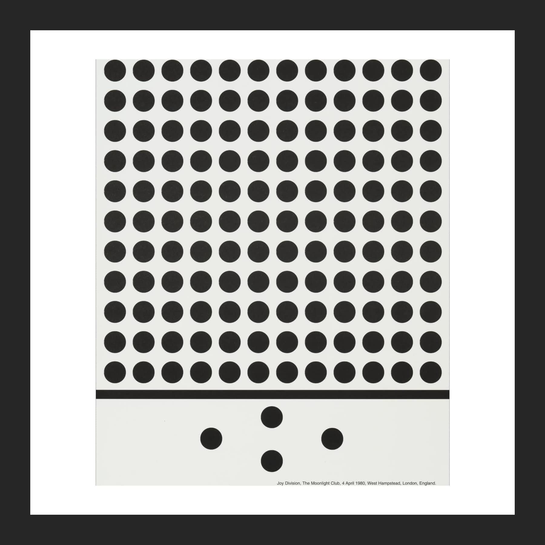 Print of a neat grid of black dots on white, with five loose dots below a horizontal line