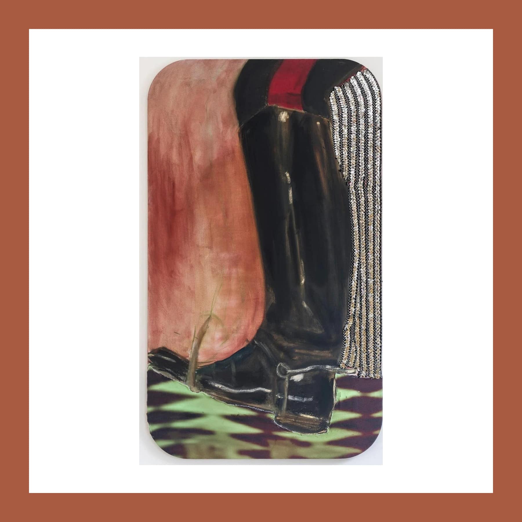 Round-cornered painting of a black riding boot with a spur, a sequinned stripe down one side and a diamond-patterned floor