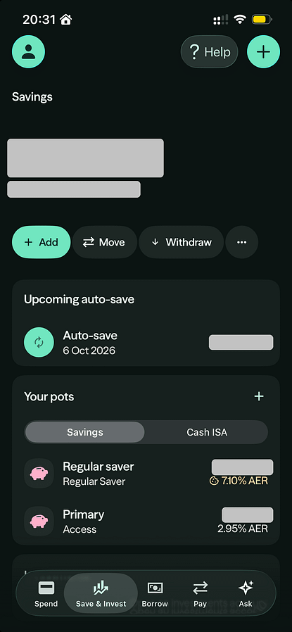 Zopa app Save and Invest screen showing a regular saver pot at 7.10% AER and an Access pot at 2.95% AER