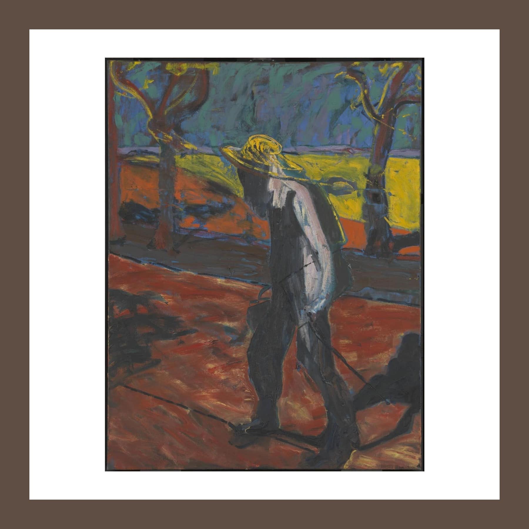 Painting of a dark, hunched figure in a straw hat walking along a red road under a vivid blue and yellow sky