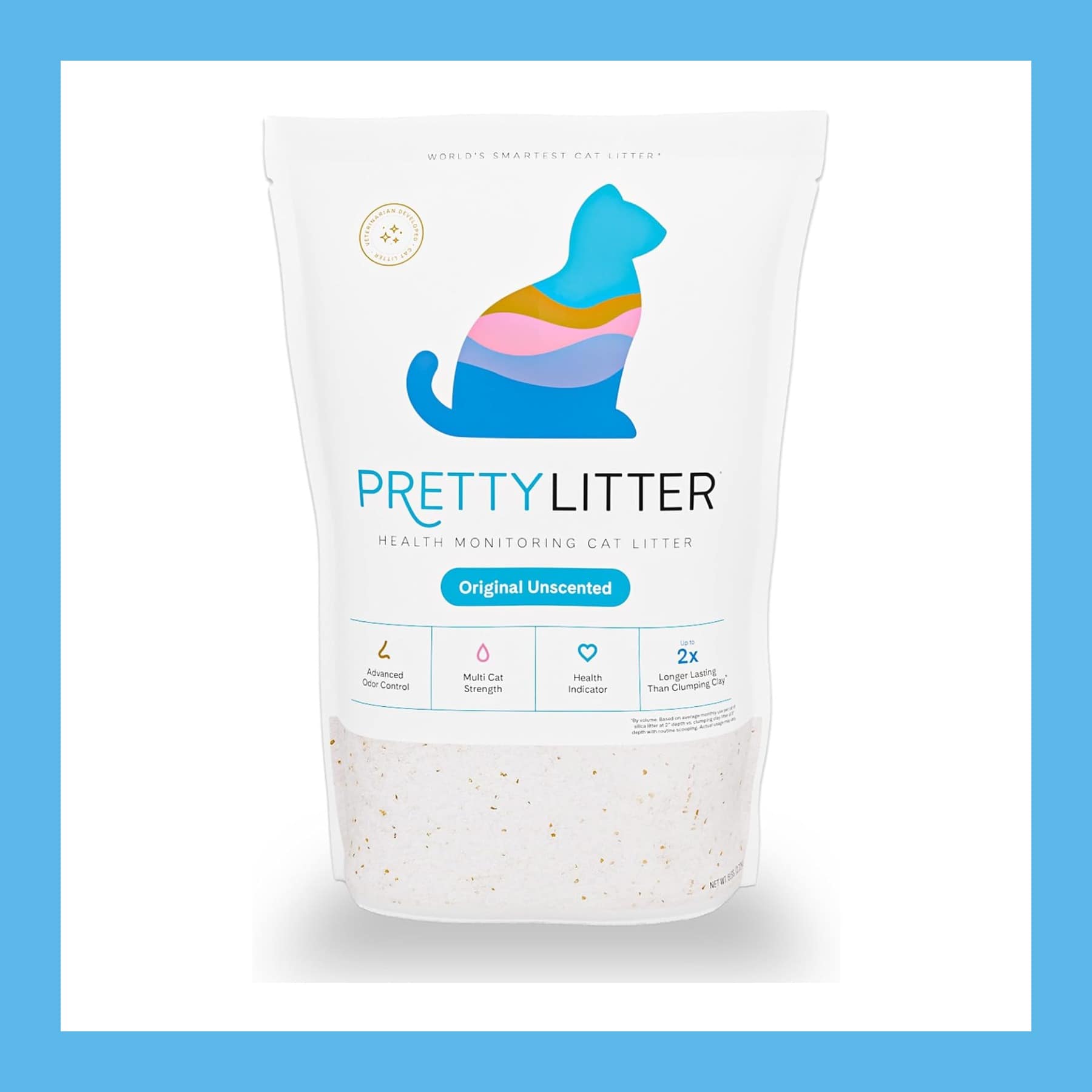 Bag of PrettyLitter Original Unscented health monitoring cat litter with a colourful cat silhouette on the front