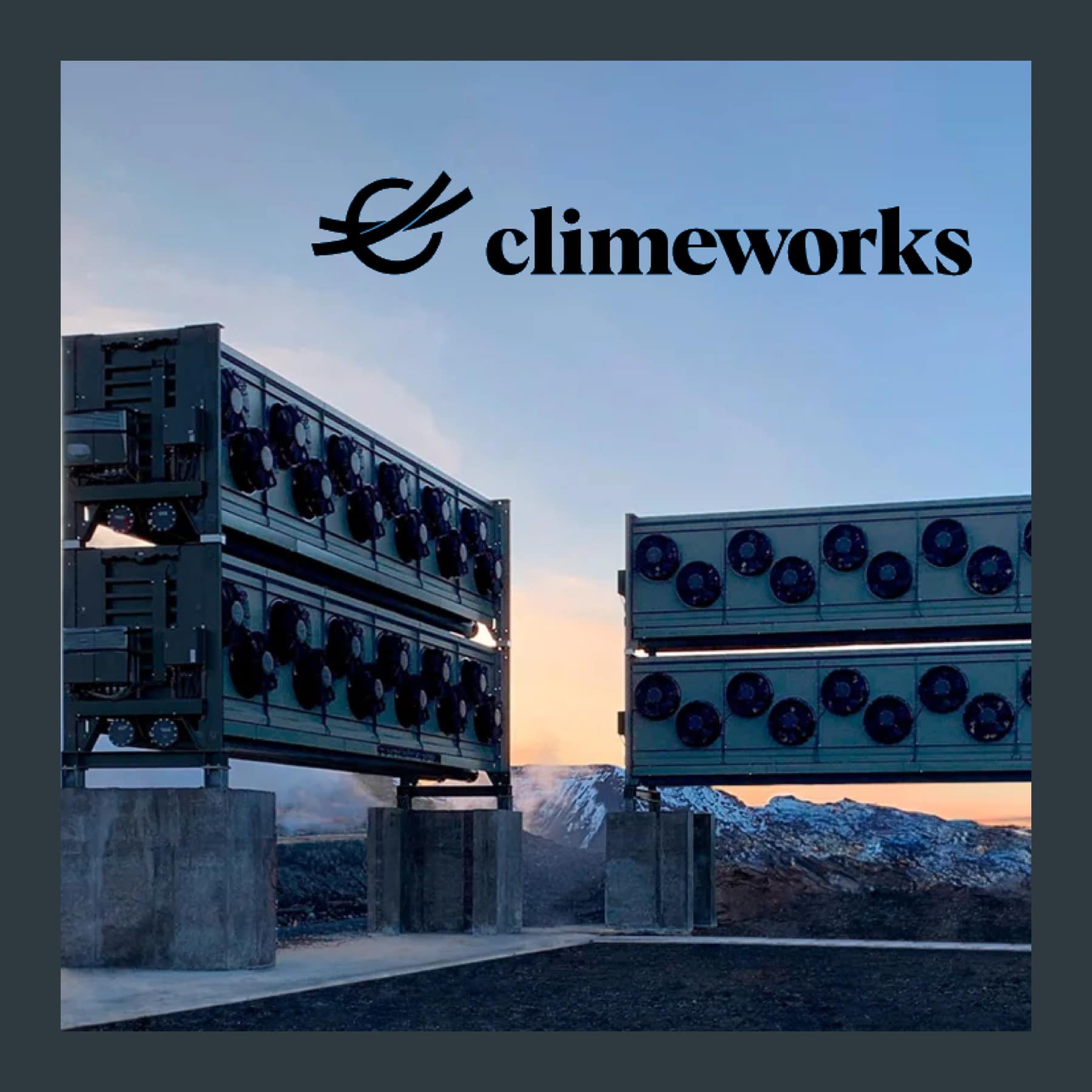 Climeworks direct air capture collectors with rows of fans in a snowy volcanic landscape