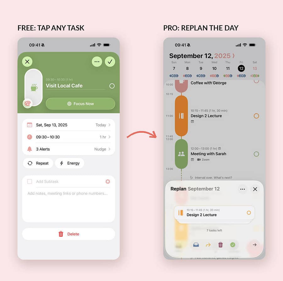 Structured app task detail screen beside the Pro Replan panel rescheduling a missed task