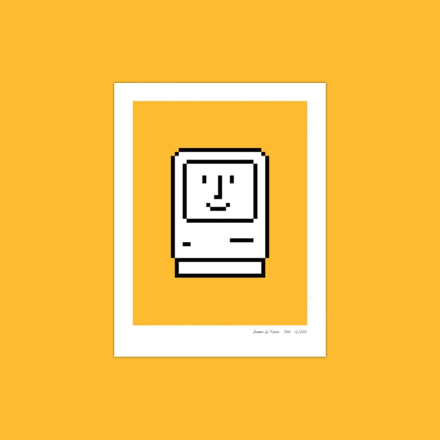 Happy Macintosh art print by Susan Kare on bright yellow background