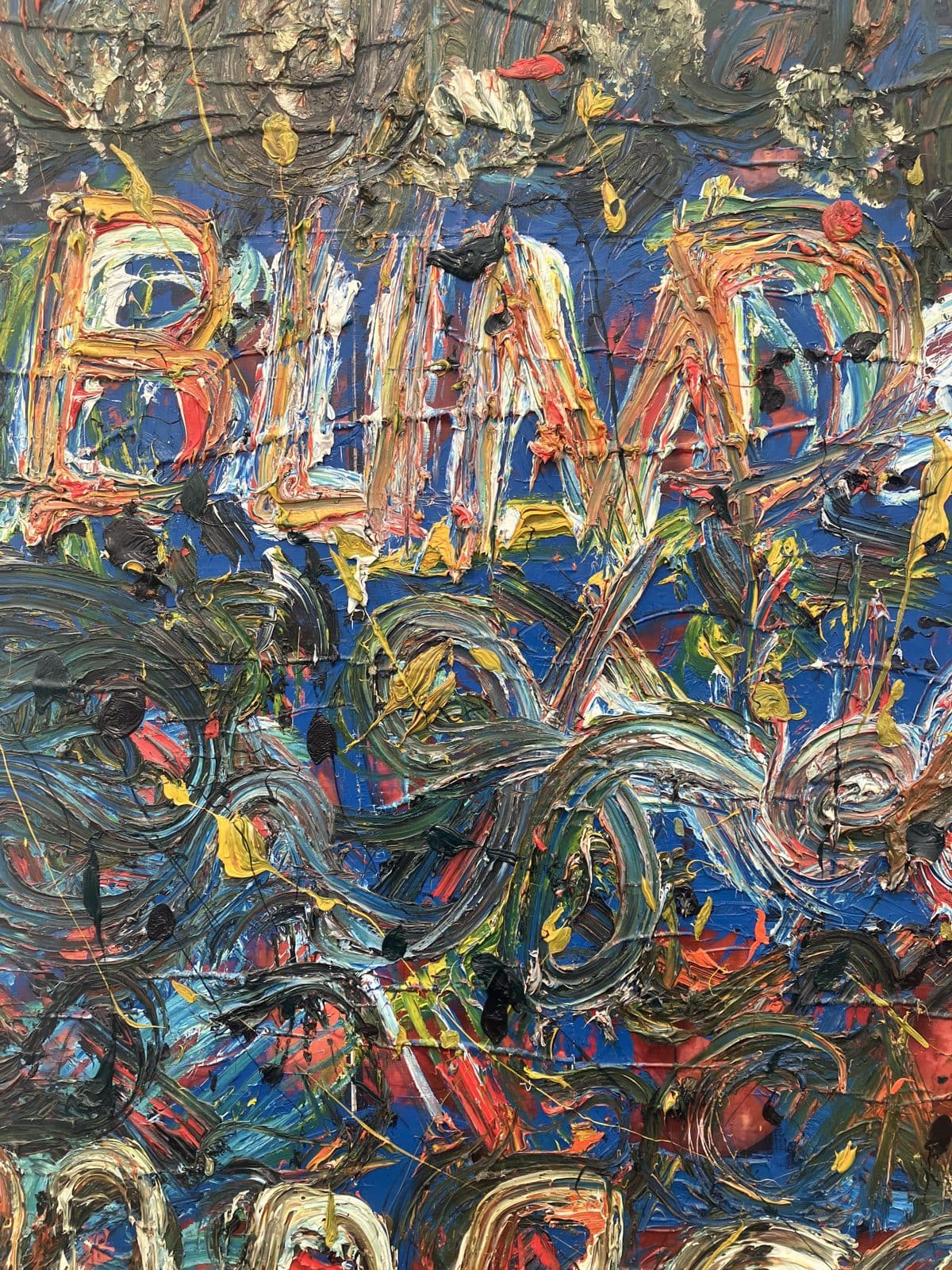 Thick impasto Derek Jarman painting from 1993 with letters scratched into the paint