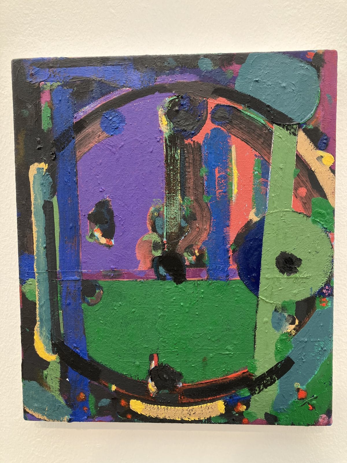 Small Matt Connors abstract of greens, violets and a dark circle