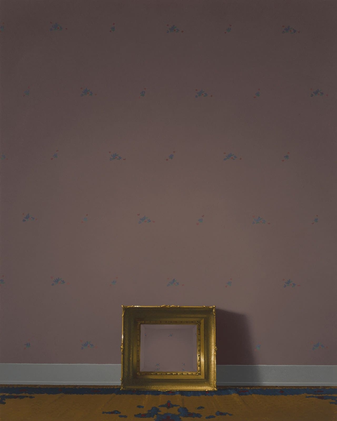 Mauve room with pale skirting: empty gilt frame on the floor. Painting by Quentin James McCaffrey.