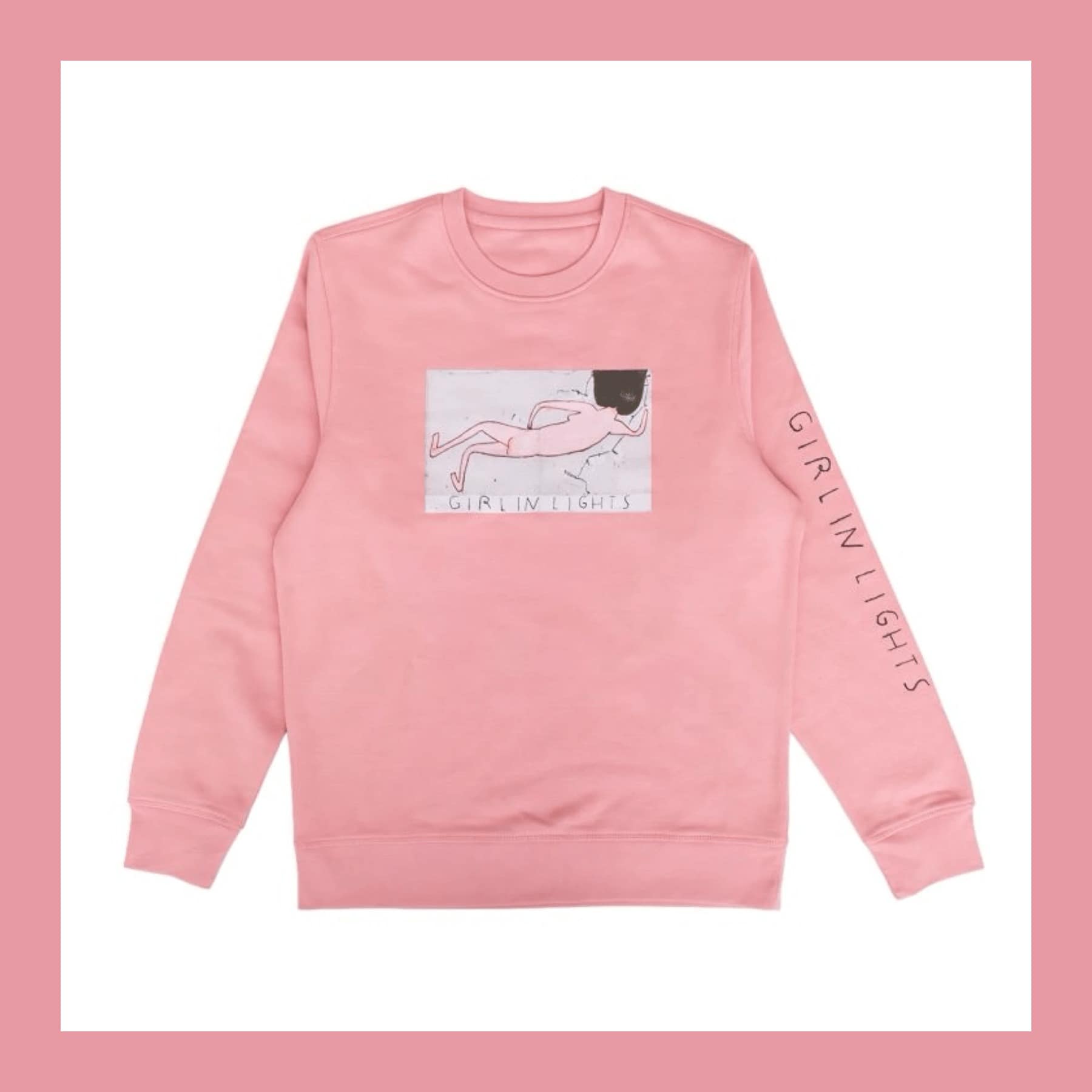 Pink crewneck sweatshirt printed with Rose Wylie's painting Girl in Lights on the chest and the title down one sleeve