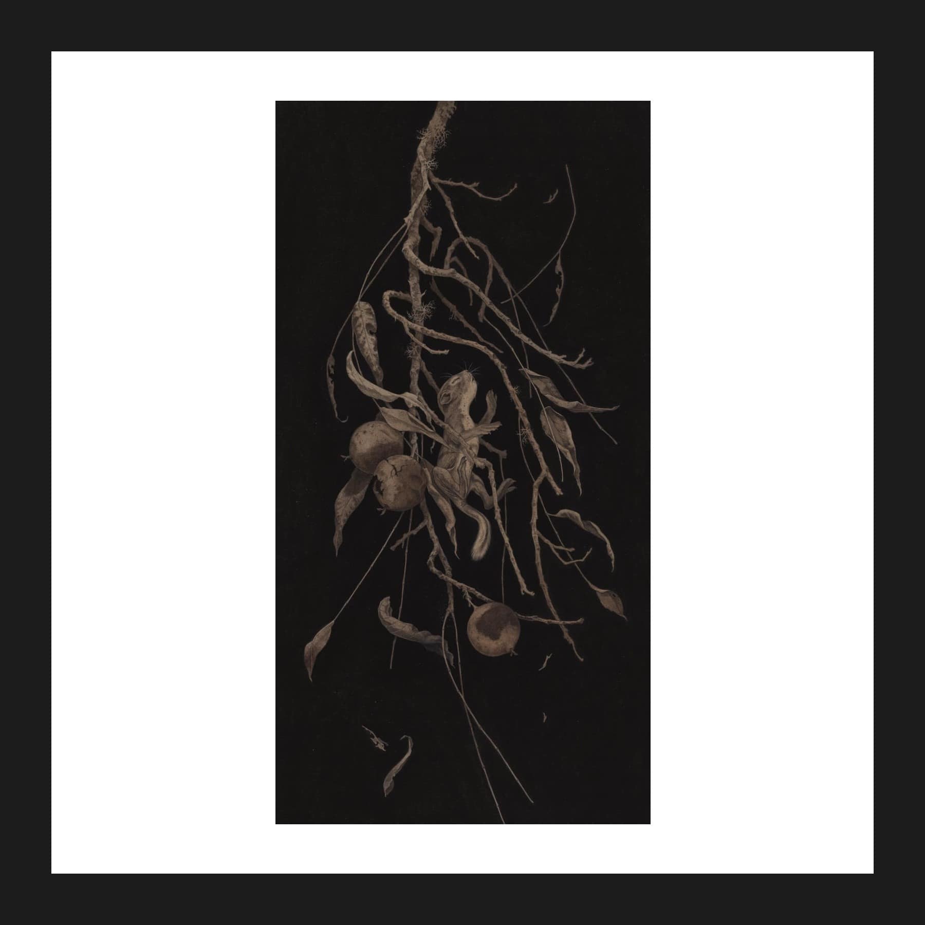 Painting on black of a squirrel tangled among hanging twigs, dry leaves and green walnuts