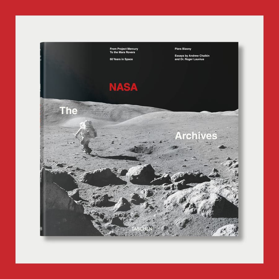 Taschen's The NASA Archives with an astronaut on the Moon on the cover, in a red frame