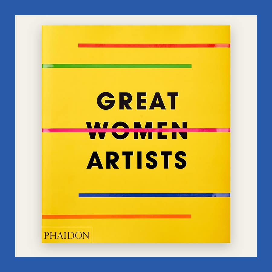 Yellow cover of Great Women Artists with coloured stripes, in a blue frame