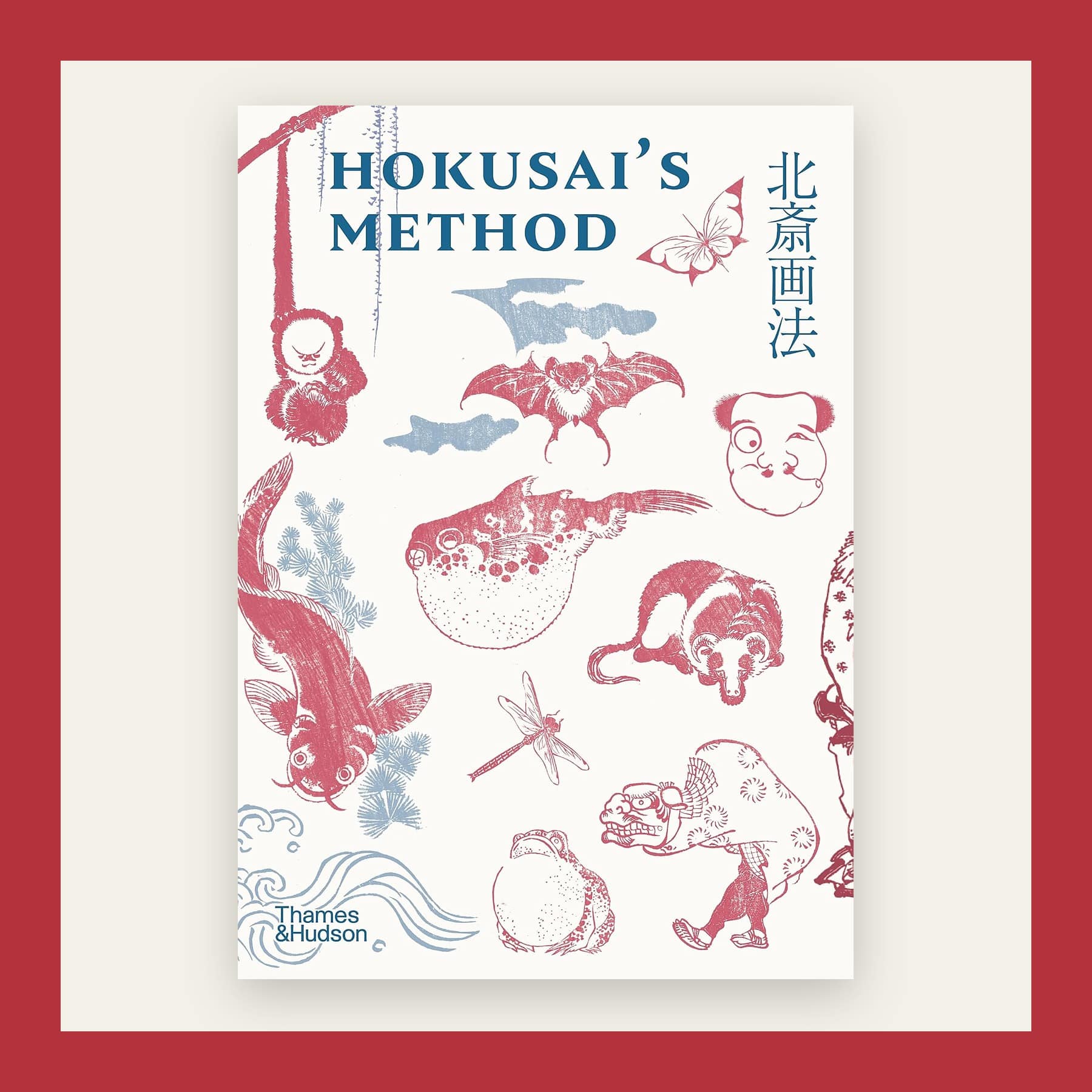 Cover of Hokusai's Method with red and blue drawings of animals and figures, in a red frame