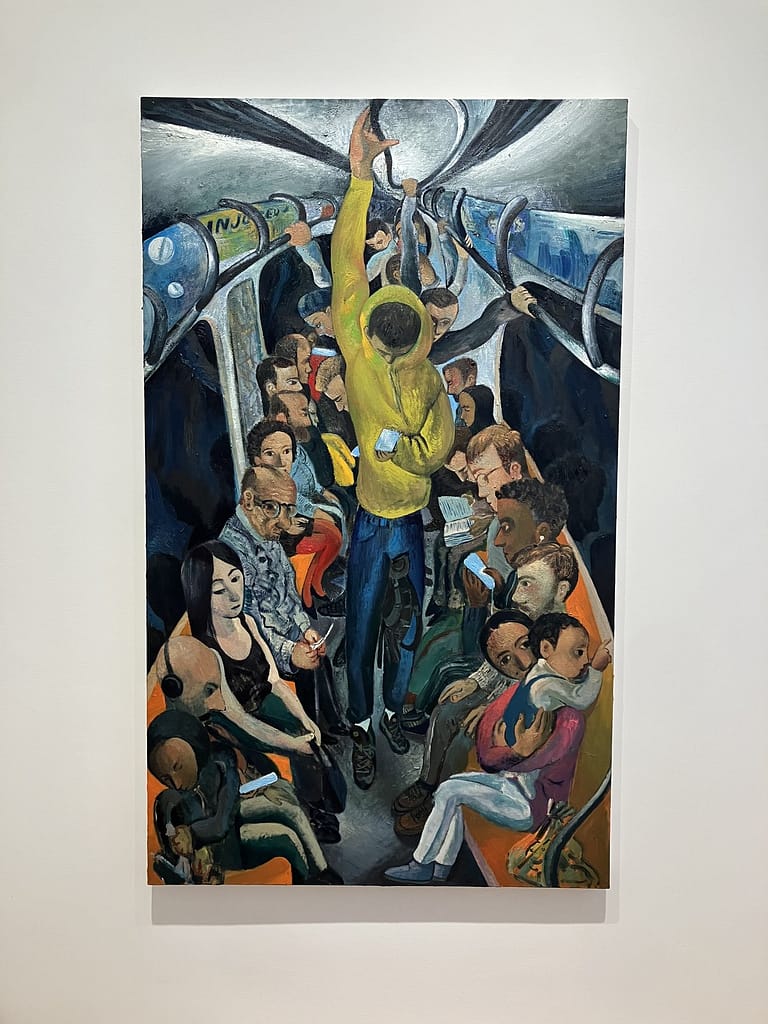Louis Fratino painting of a crowded New York subway carriage with a man in a yellow hoodie at its centre