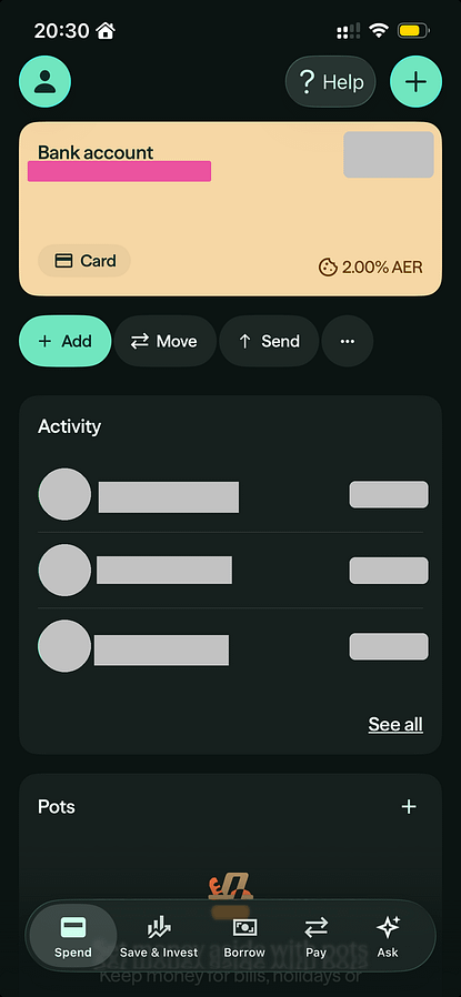 Zopa Biscuit app home screen showing the account card, the Add, Move and Send buttons and recent activity