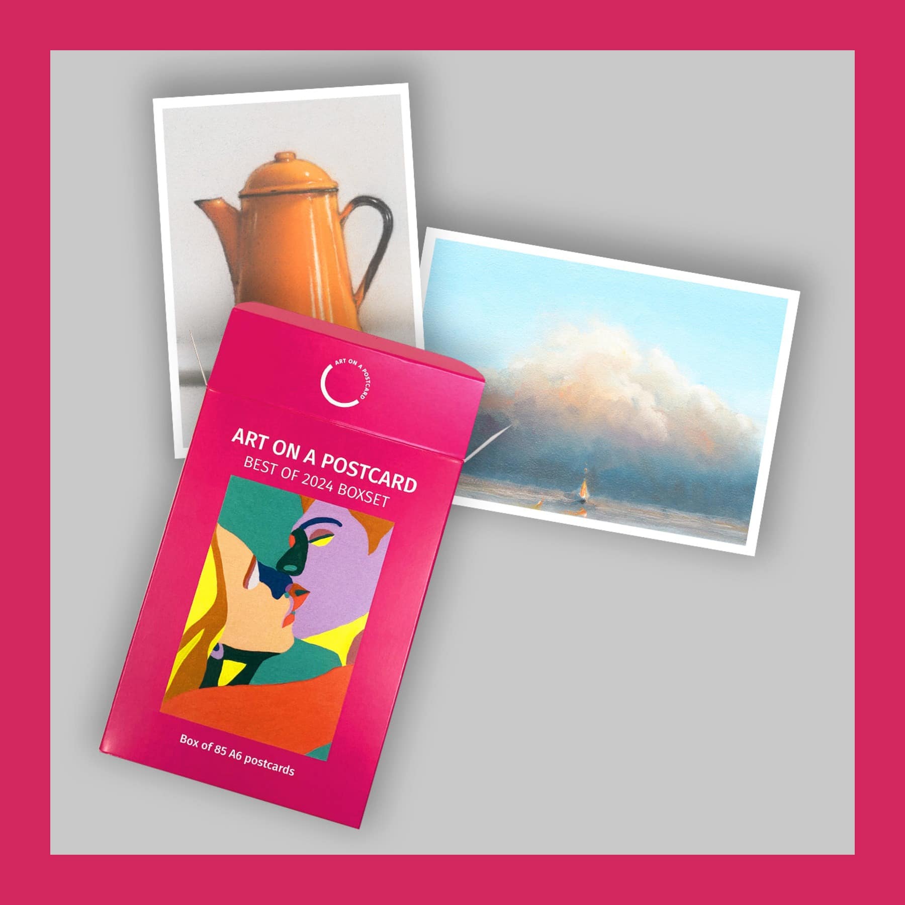 Art on a Postcard Best of 2024 boxset in pink with two A6 art postcards, on a pink border