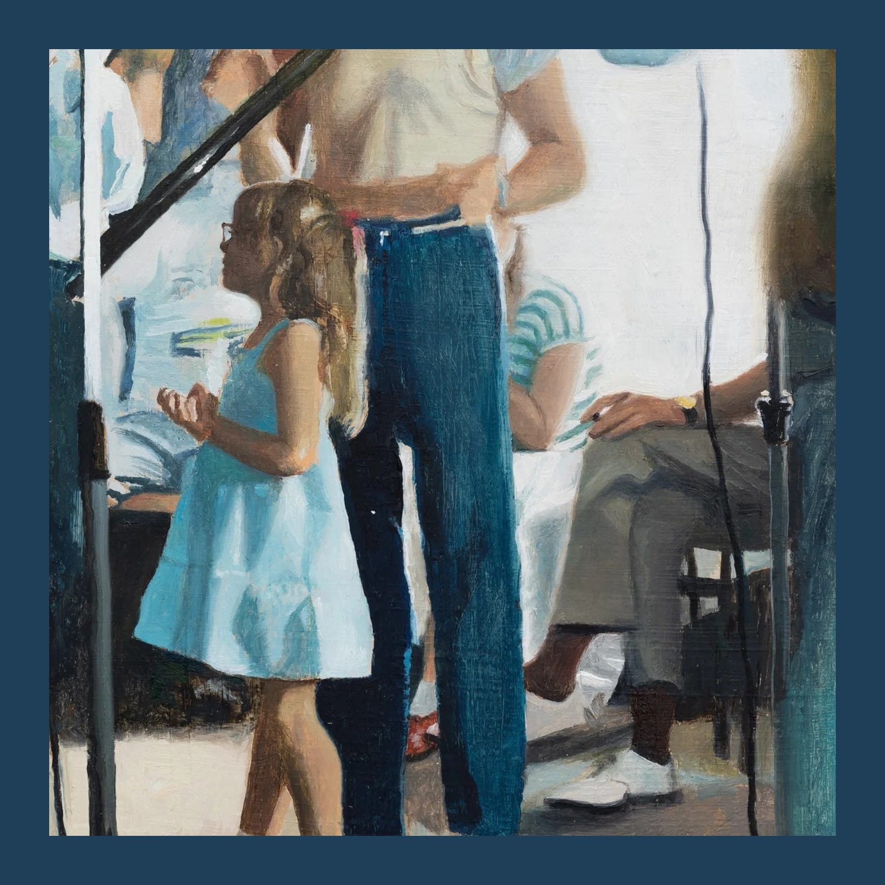 Detail of Georgie Huxley's painting: a small girl in a pale blue dress stands beside a man in jeans at a party, with a microphone stand nearby