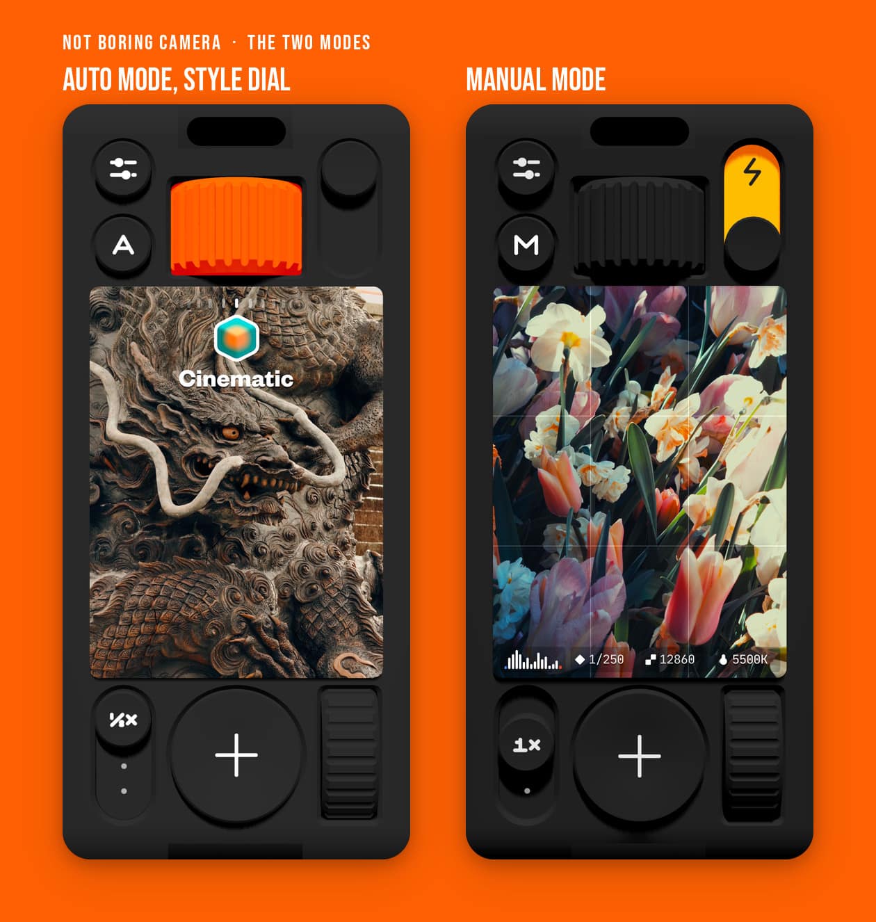 Two (Not Boring) Camera screens: Auto mode with the orange Style dial, and Manual mode showing shutter, ISO and white balance readouts