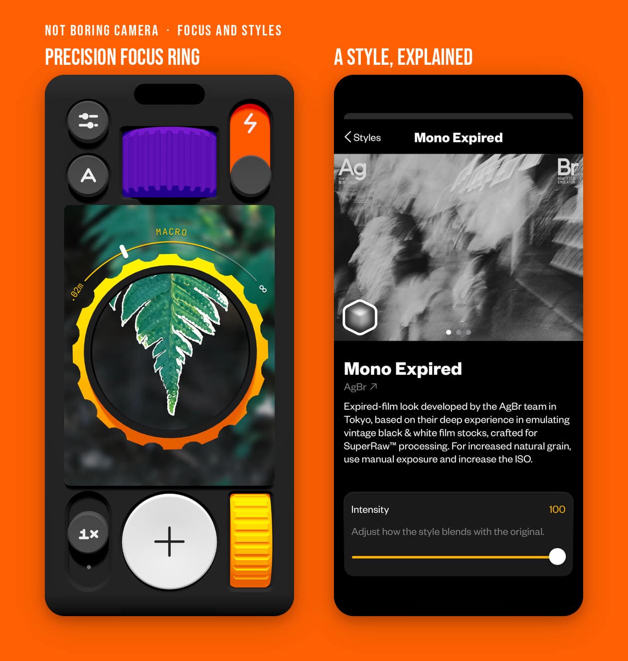 Two (Not Boring) Camera screens: the yellow Precision Focus ring around a fern, and the Mono Expired style page with an intensity slider