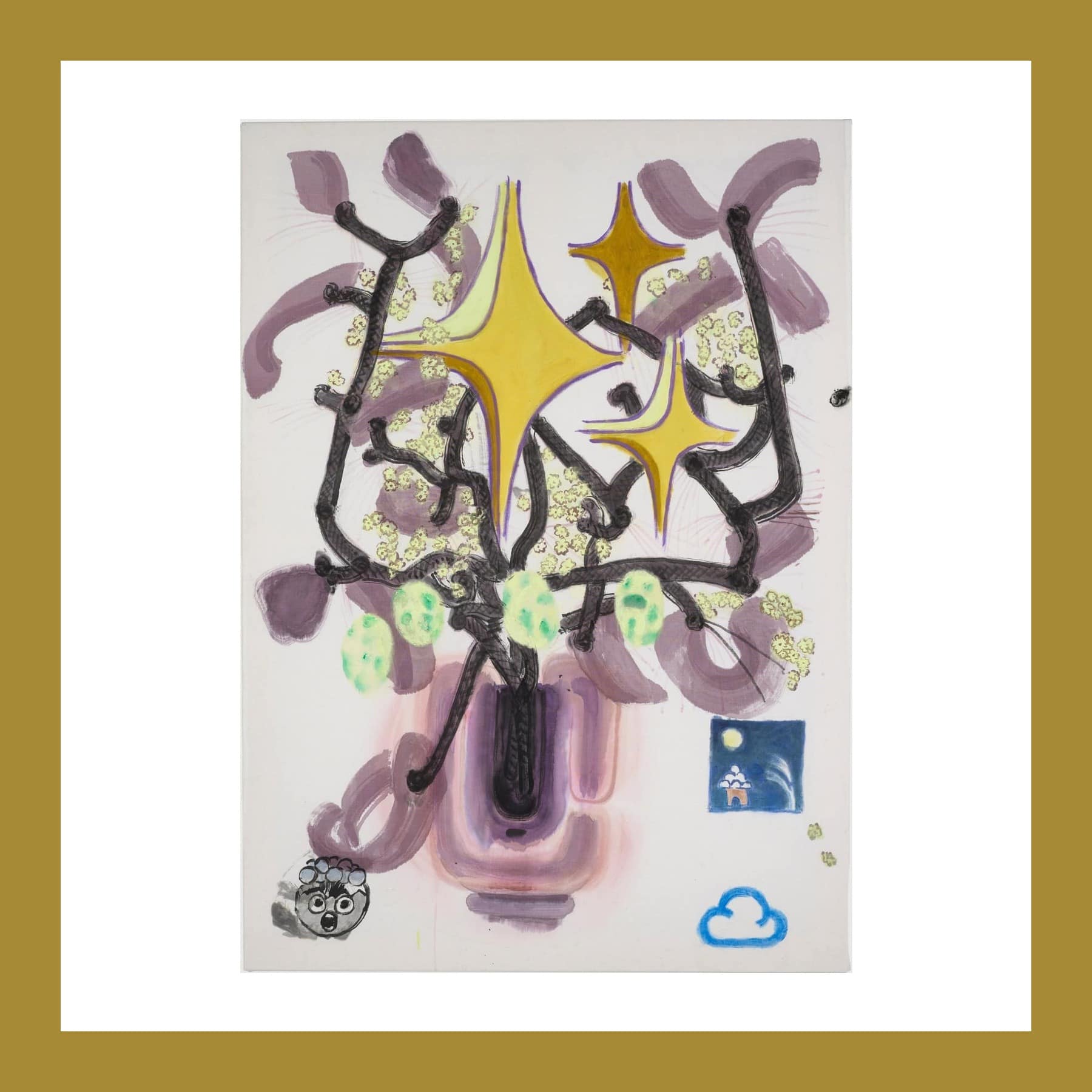 Painting on linen of dark braided branches in a purple vase, with gold stars, pale green blossoms and a small blue cloud