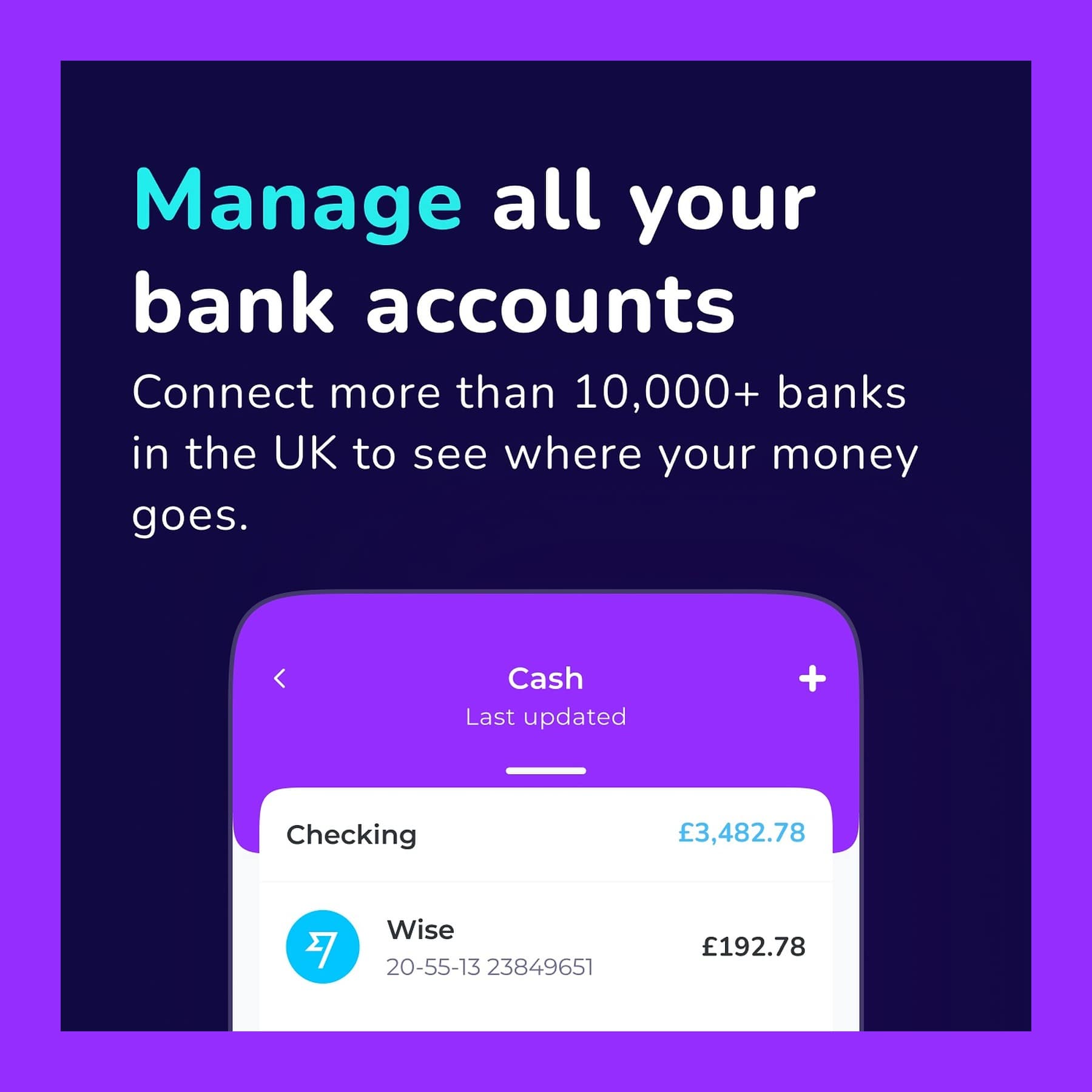 Emma app App Store screen headed Manage all your bank accounts, showing linked Wise and NatWest accounts in pounds