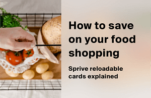 Hand reaching for tomatoes in a kitchen beside the words How to save on your food shopping, Sprive reloadable cards explained.