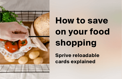 Hand reaching for tomatoes in a kitchen beside the words How to save on your food shopping, Sprive reloadable cards explained.