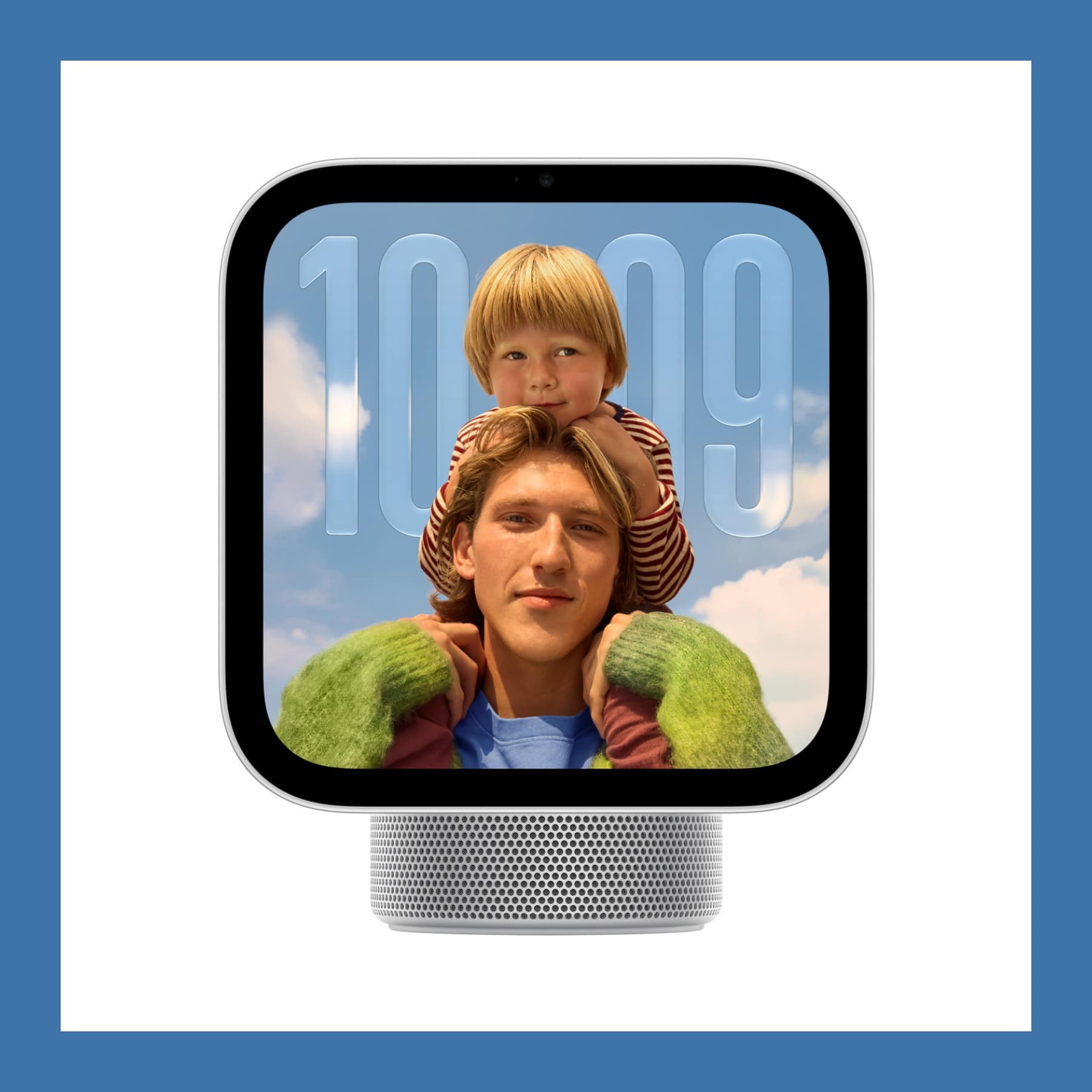 Apple HomeView in silver with a 7-inch display showing a family photo, on a mesh speaker base