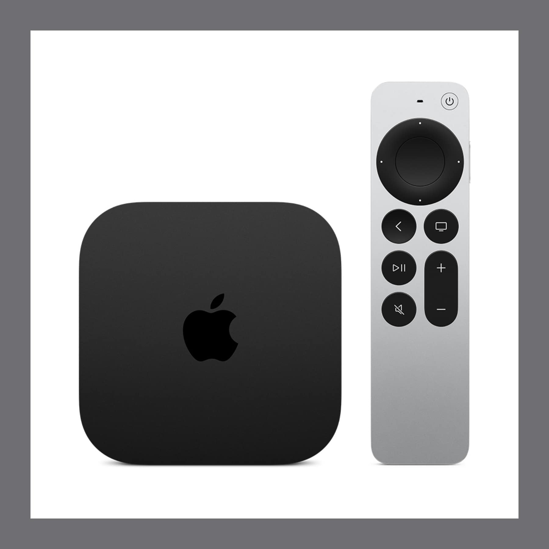 Black Apple TV 4K box beside a silver Siri Remote on a white background