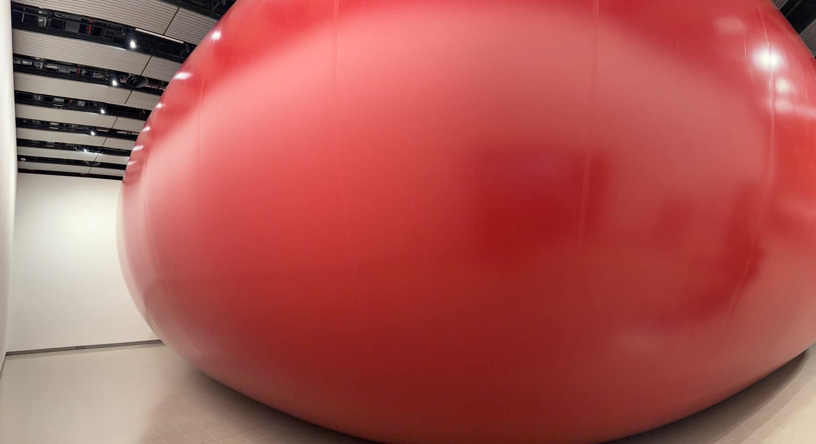 Giant red PVC balloon by Anish Kapoor filling a gallery at the Hayward