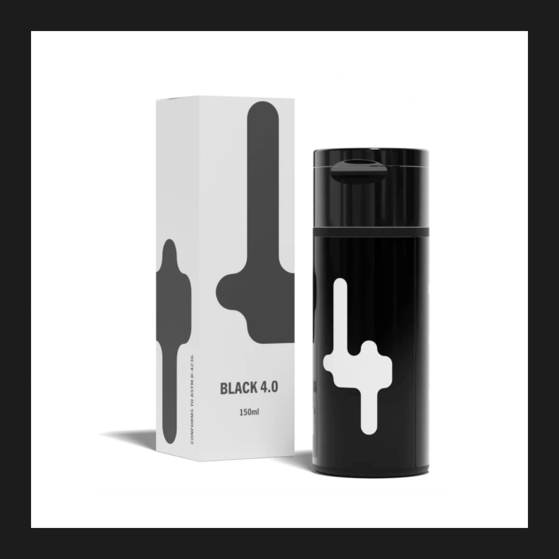 A 150ml bottle of Black 4.0 super-matt black acrylic paint beside its white box