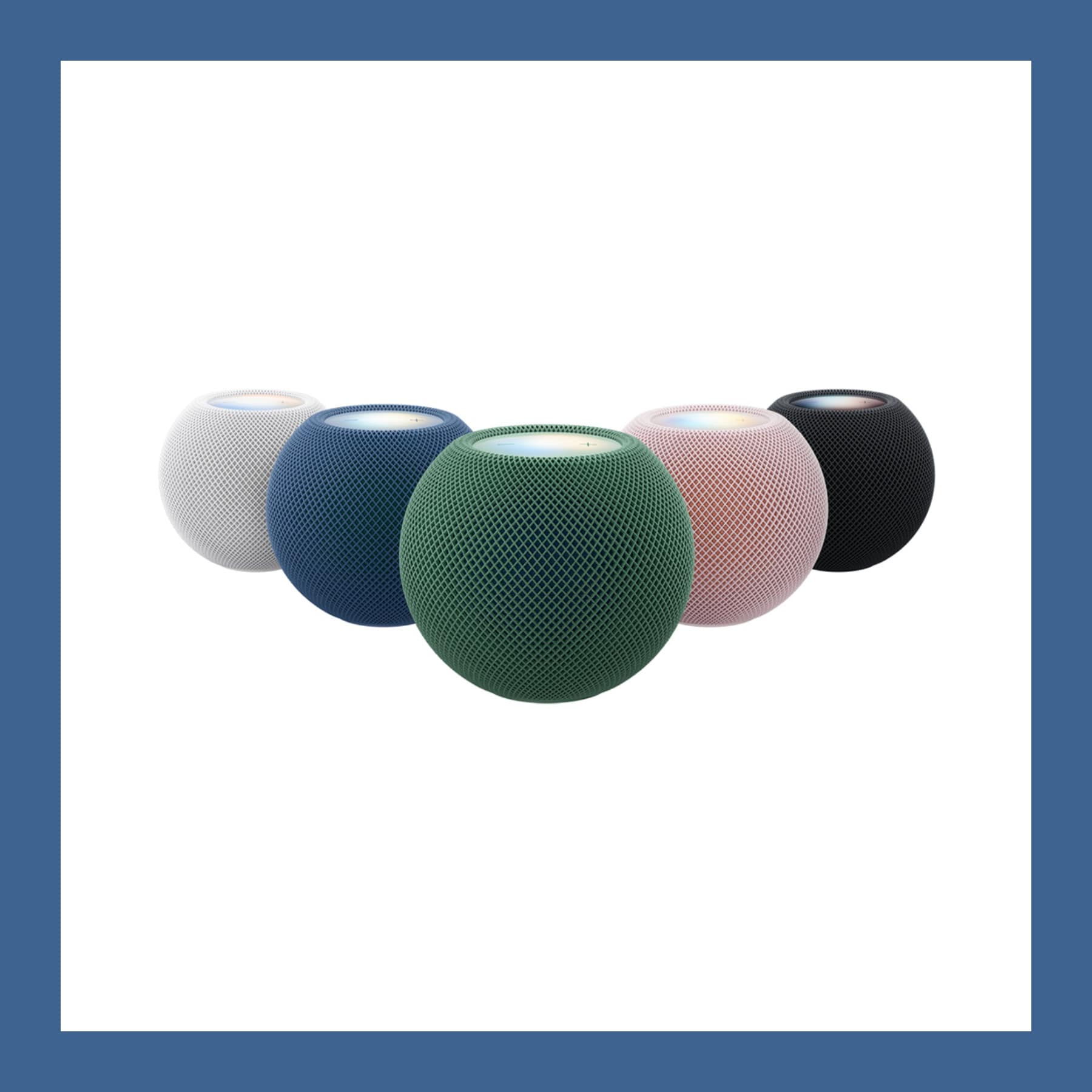 Five HomePod mini 2 speakers in white, blue, green, pink and midnight