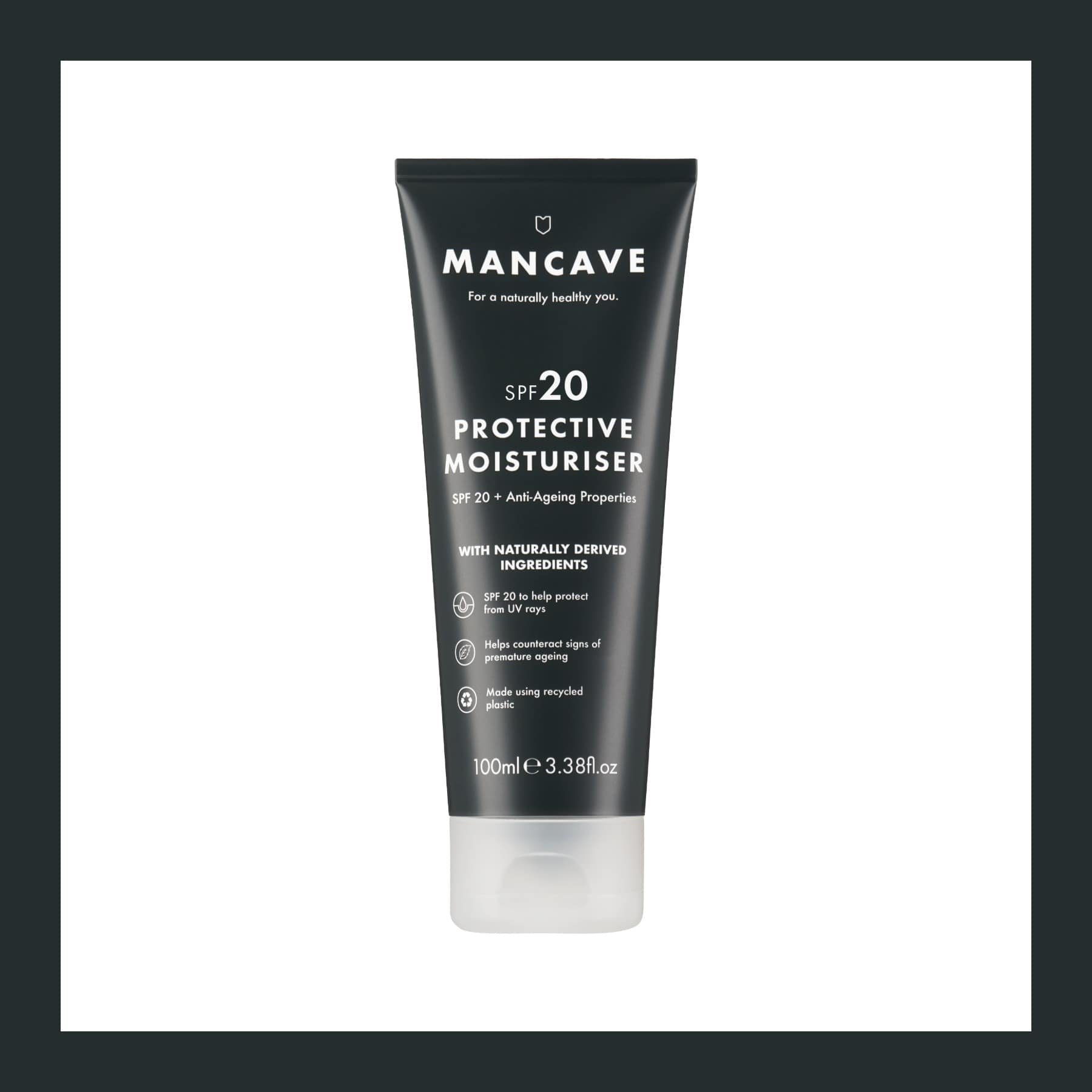 A black 100ml tube of ManCave SPF20 Protective Moisturiser on a white ground with a charcoal border.
