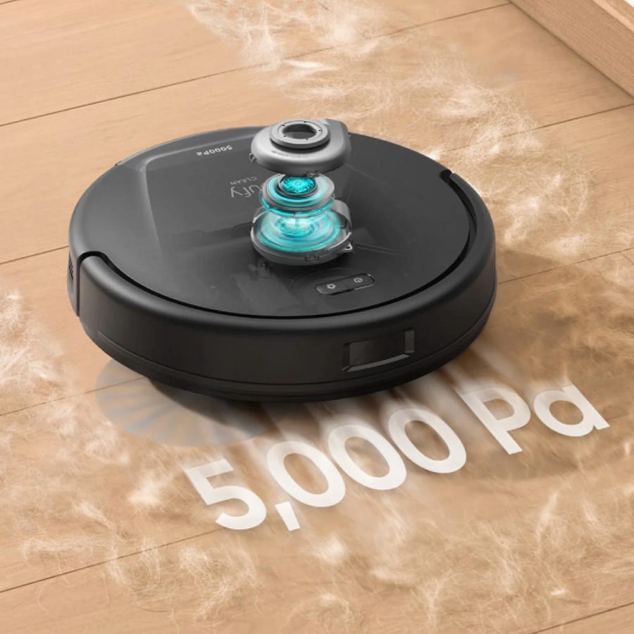 Eufy L60 Robot Vacuum showing powerful 5000Pa suction cleaning pet hair from wooden floor