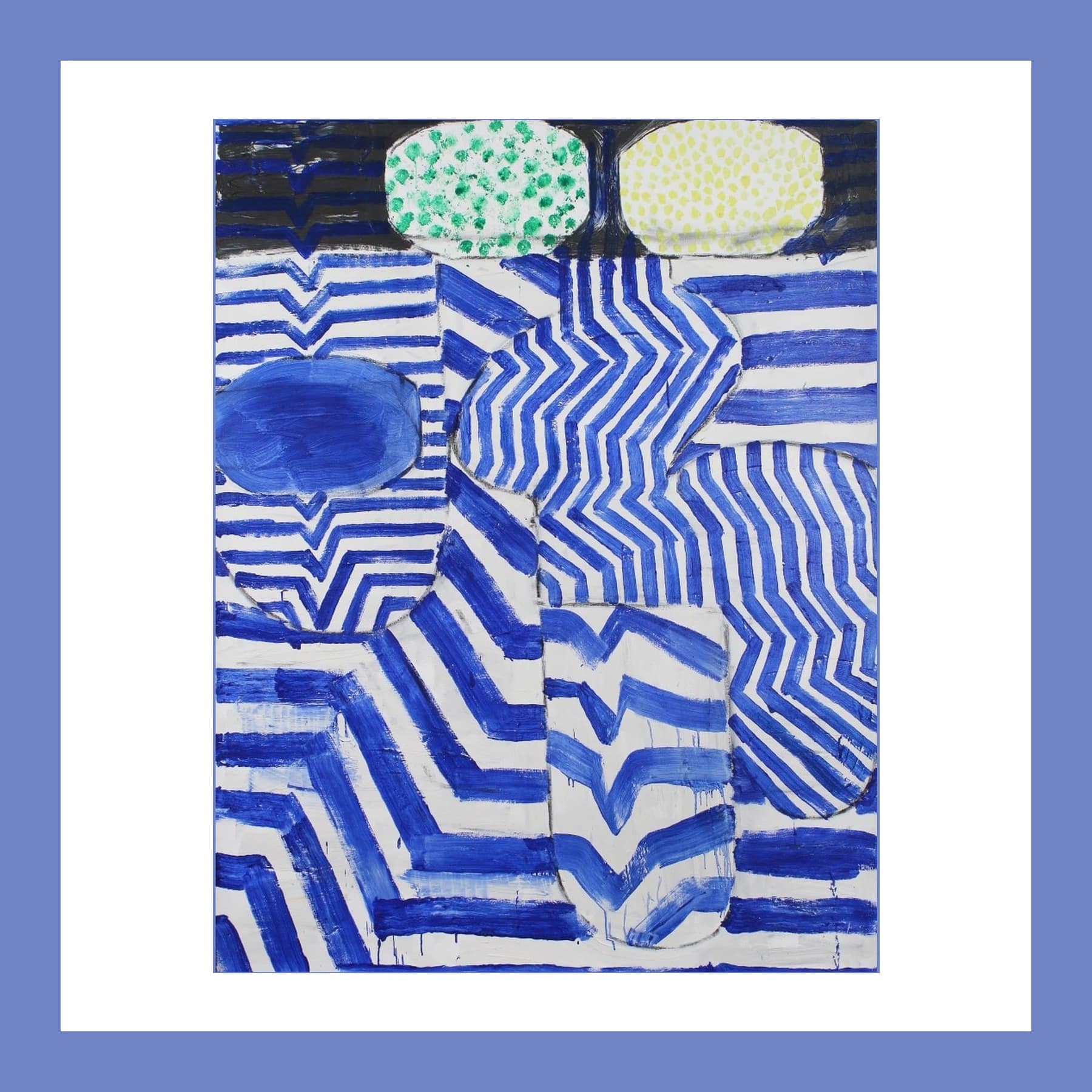 Painting of bold blue and white zigzag stripes with rounded shapes and two dotted green and yellow ovals