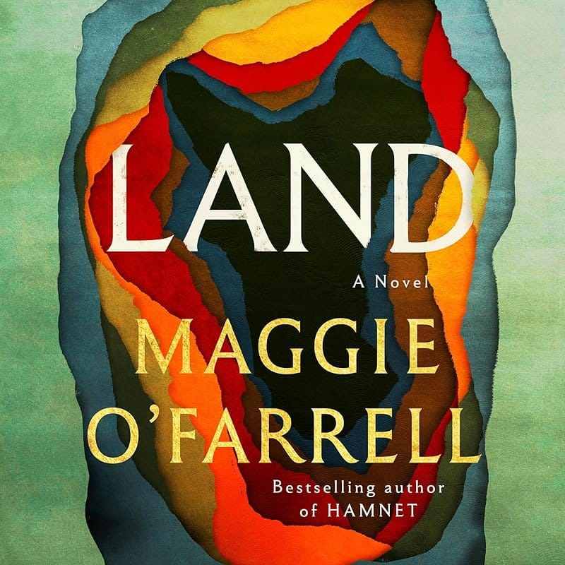 Land by Maggie O'Farrell audiobook cover with a layered cut-paper landscape in green, red and gold.