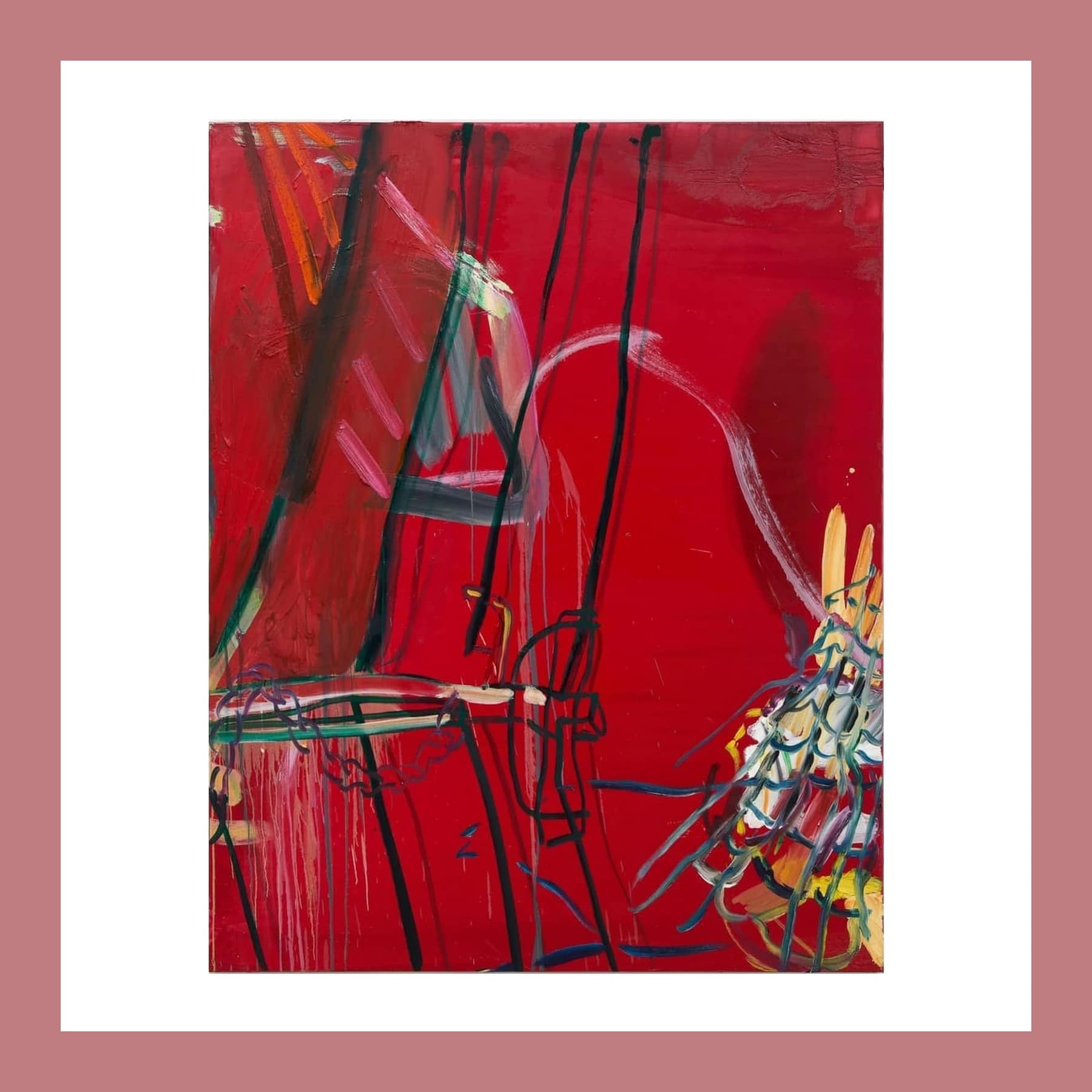 Large red abstract painting with black vertical brushstrokes and a knot of yellow and green marks, on a white gallery wall