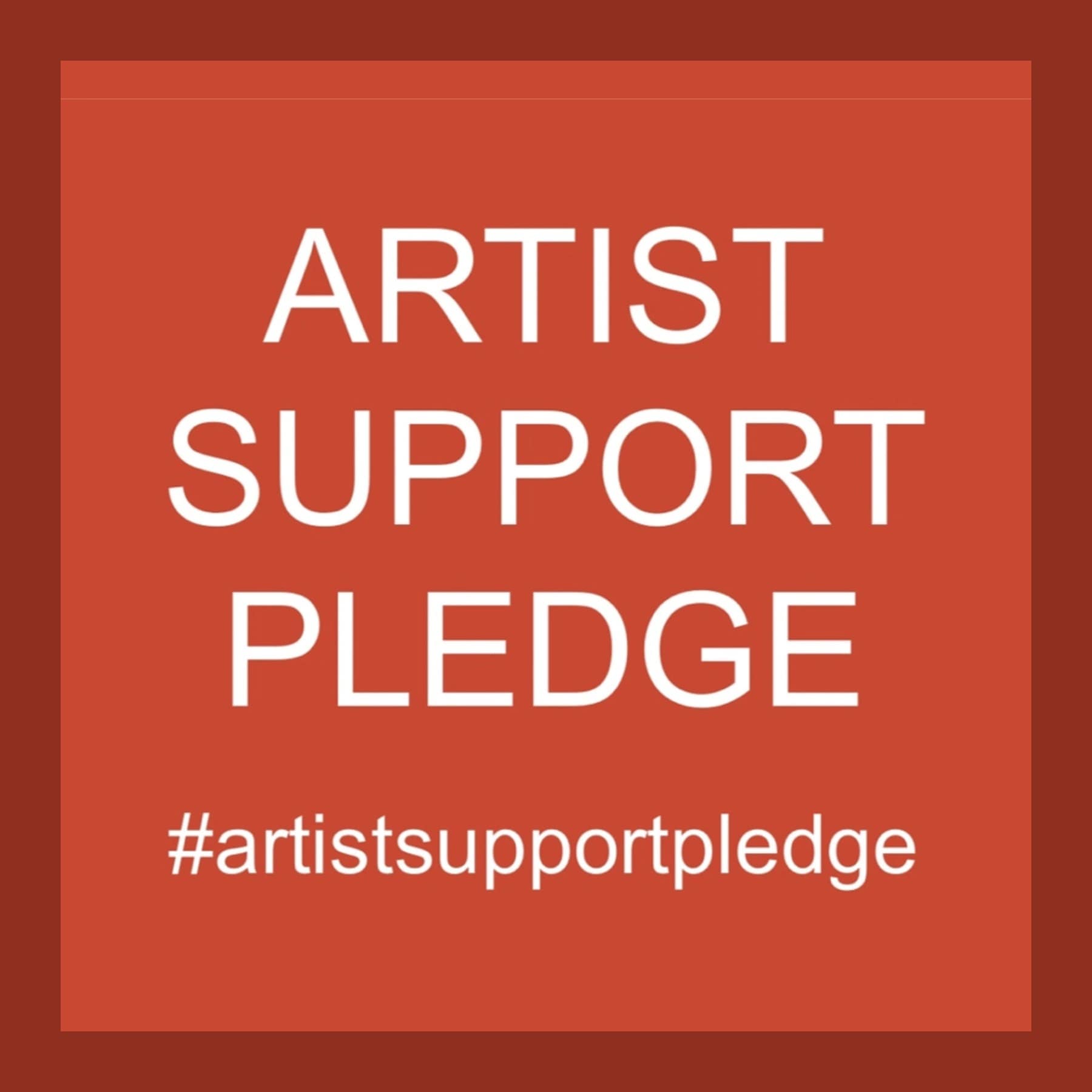 Artist Support Pledge logo in white capitals on a red square, with the #artistsupportpledge hashtag
