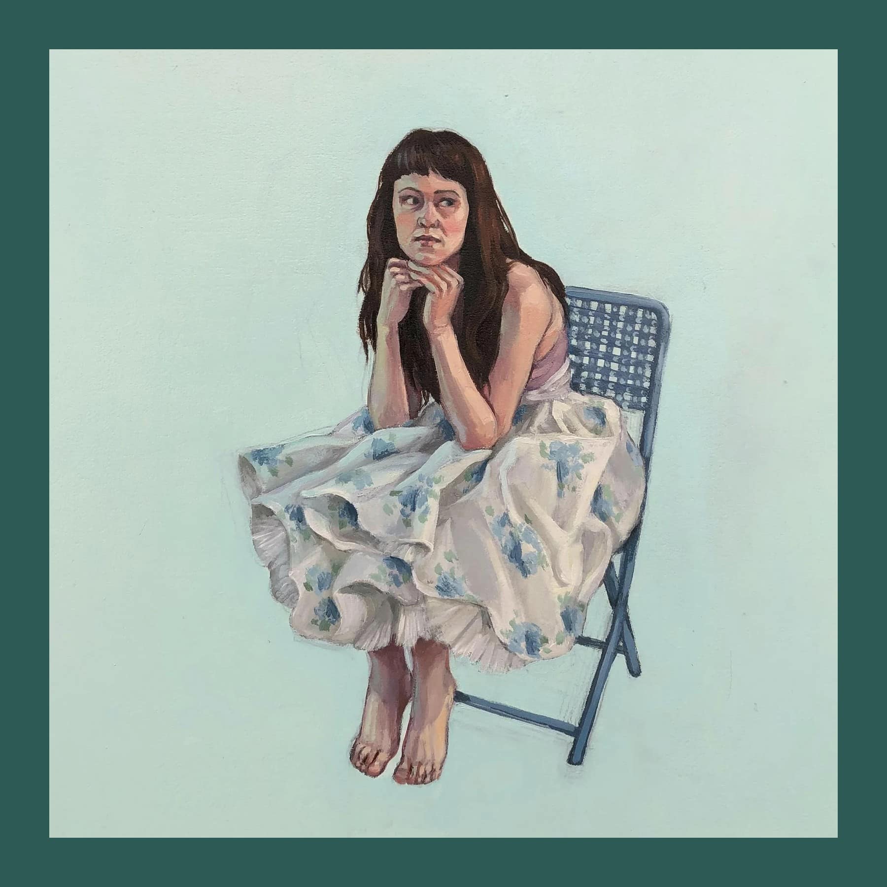 Zoe Hawk's painted self-portrait: the artist barefoot on a folding chair in a full floral skirt, chin on her hands, against a pale green ground