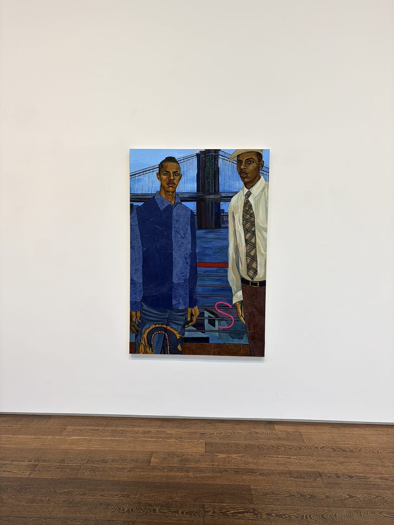 Painting of two young men by Brooklyn Bridge, one in a collaged blue shirt and one in a cap and tie