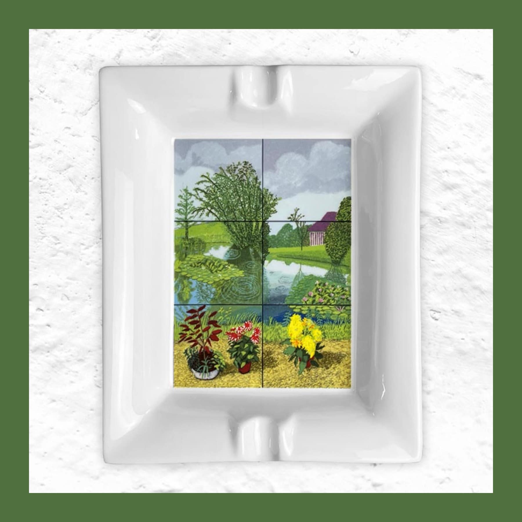 White ceramic ashtray printed with David Hockney's Water Lilies in the Pond with Pots of Flowers iPad painting