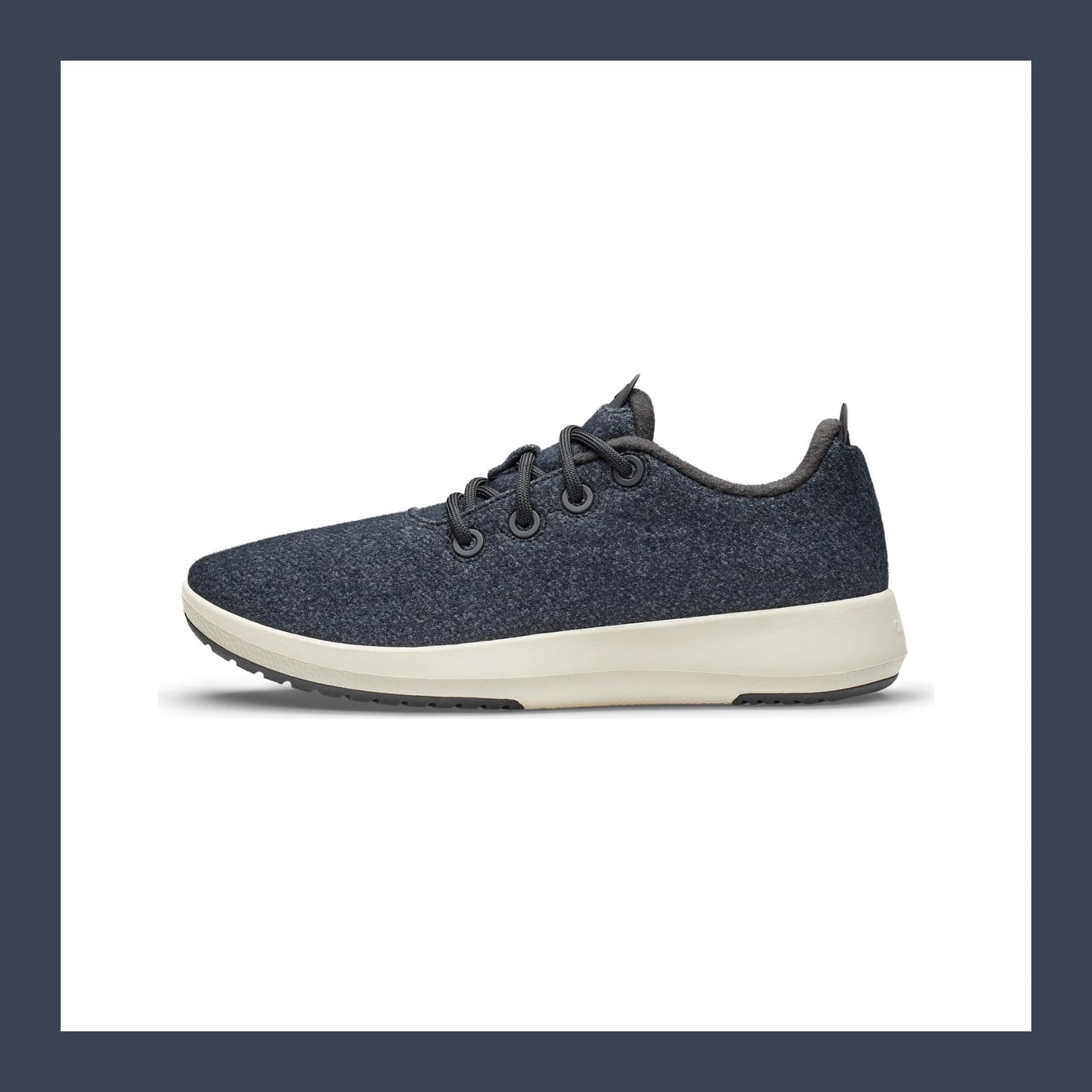 Allbirds Wool Runner Mizzle trainer in Natural Black merino wool with a white sole, side view