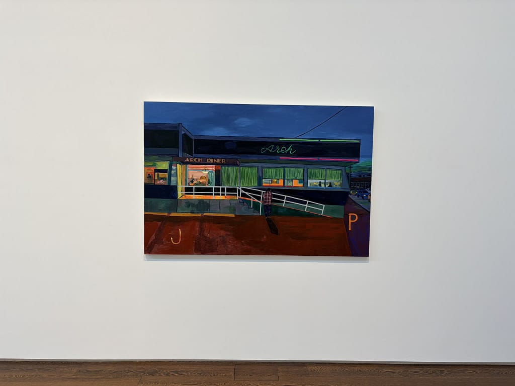 Night painting of a lit diner with a green neon Arch sign and a lone man walking up the ramp