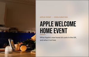 Apple HomeView on a kitchen worktop beside a person preparing vegetables, with the headline Apple Welcome Home event