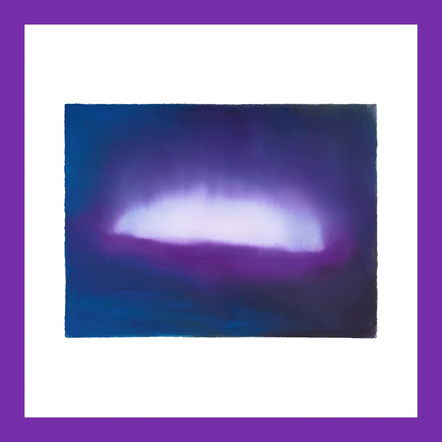 Anish Kapoor Glow print: a soft white light on a deep blue and violet ground, in a violet border.
